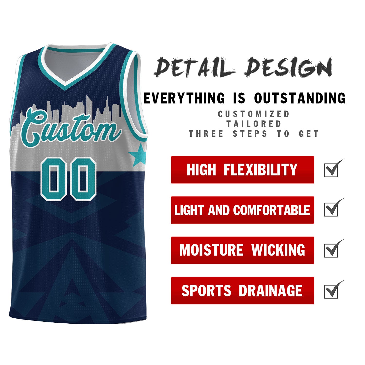 Custom Navy Personalized City Silhouette Pattern Sports Uniform Basketball Jersey - Image 2