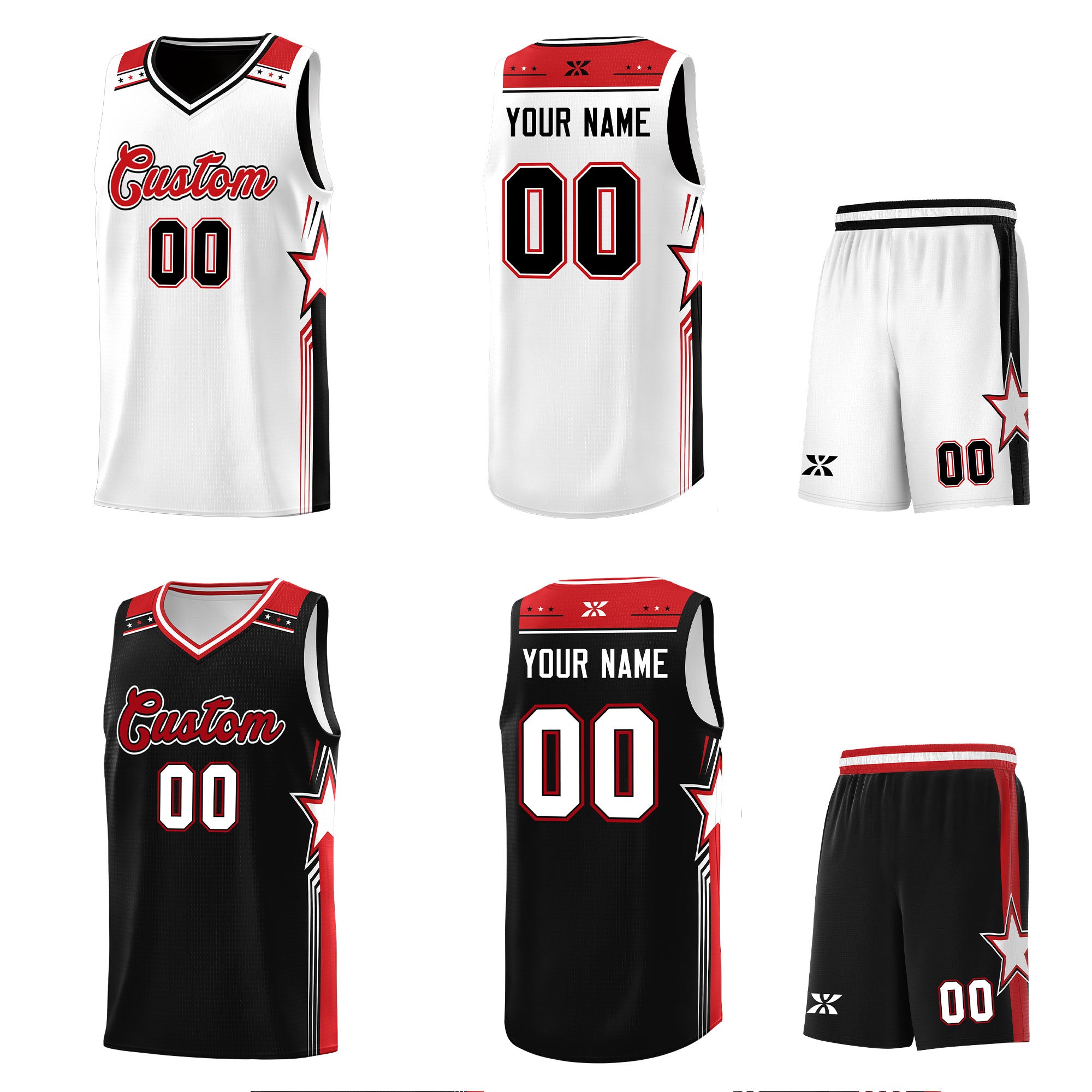 Custom Black White Red Star Graffiti Pattern Double Side Sets Basketball Uniform - Image 2