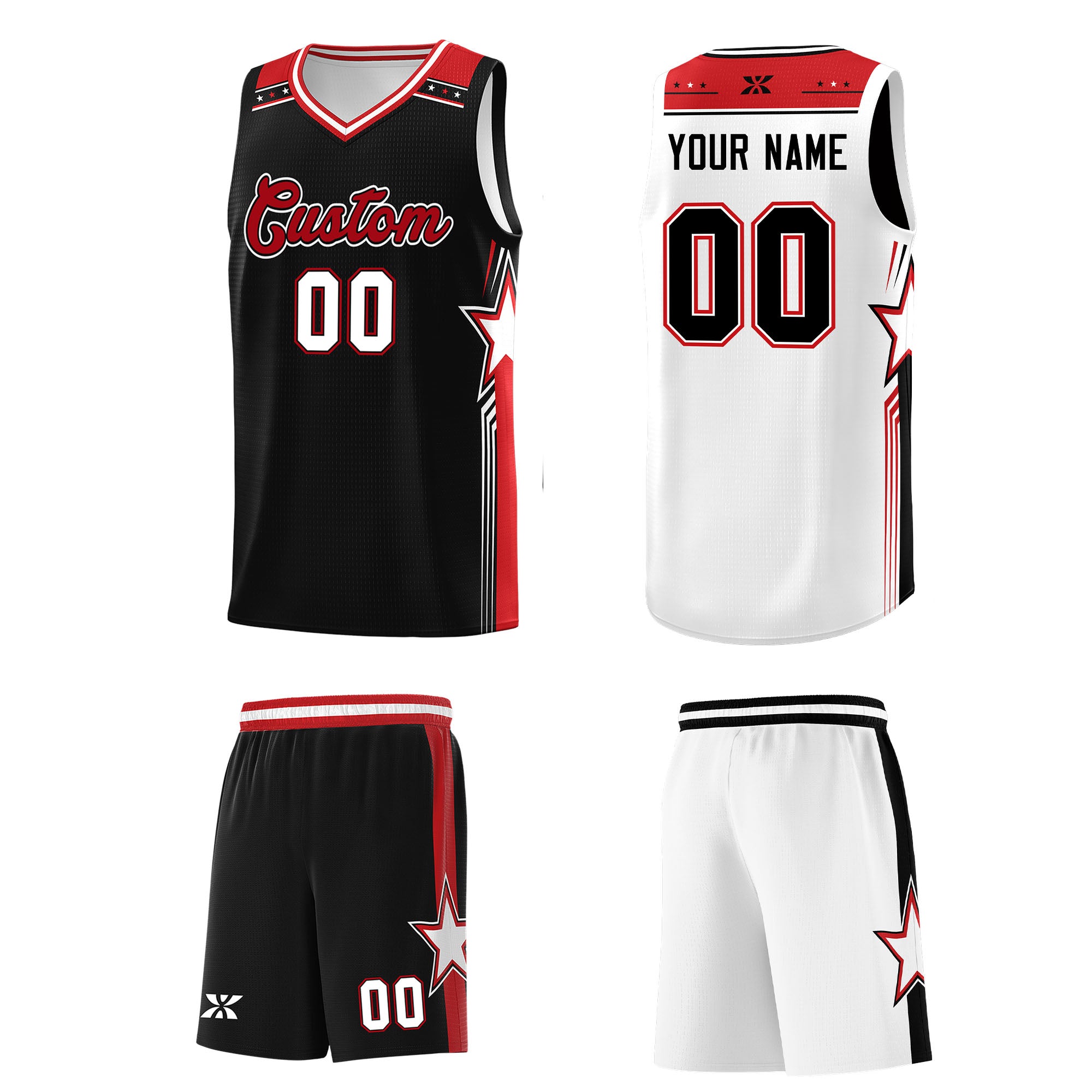 Custom Black White Red Star Graffiti Pattern Double Side Sets Basketball Uniform - Image 5
