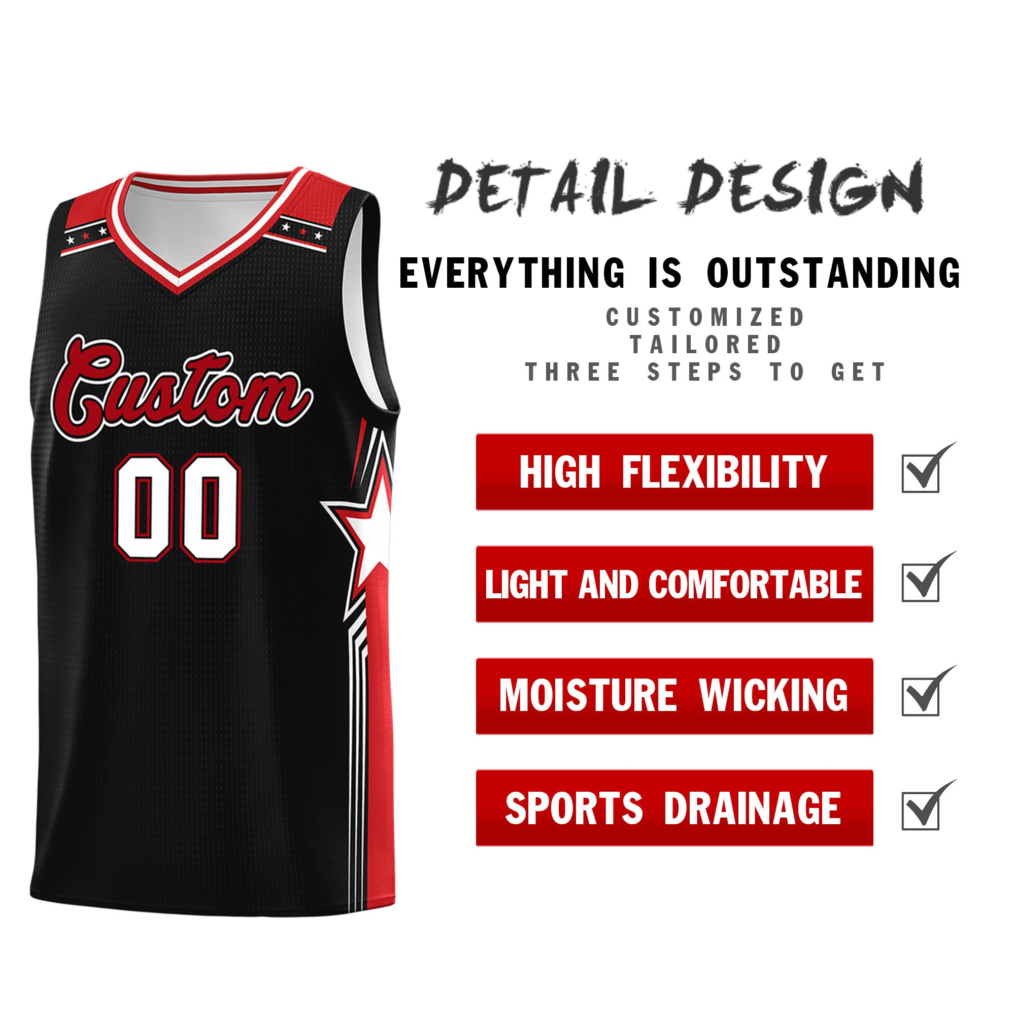 Custom Black White Red Star Graffiti Pattern Double Side Sets Basketball Uniform - Image 4
