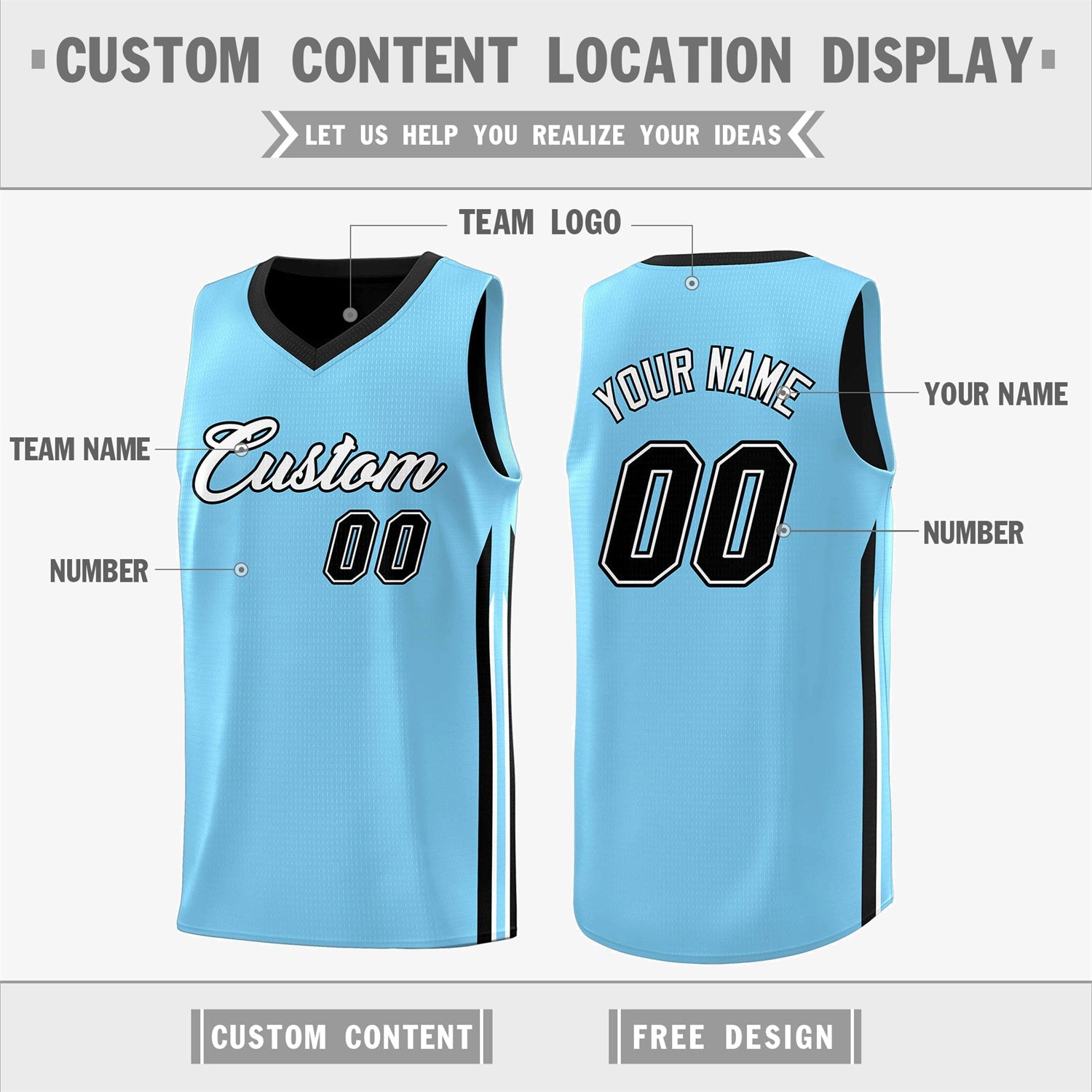 Custom Black Light Blue Double Side Tops Training Basketball Jersey - Image 4