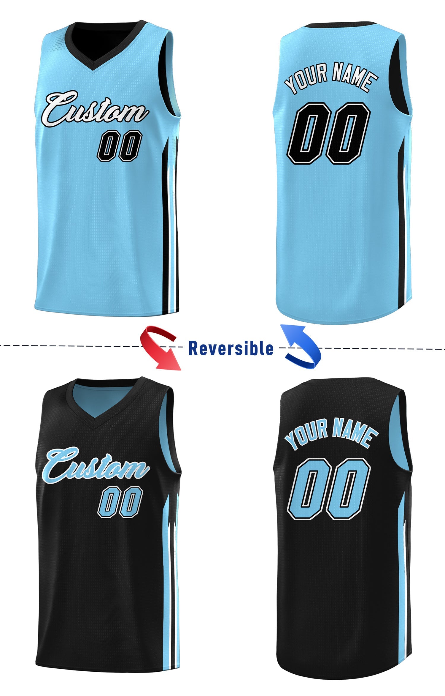 Custom Black Light Blue Double Side Tops Training Basketball Jersey - Image 5