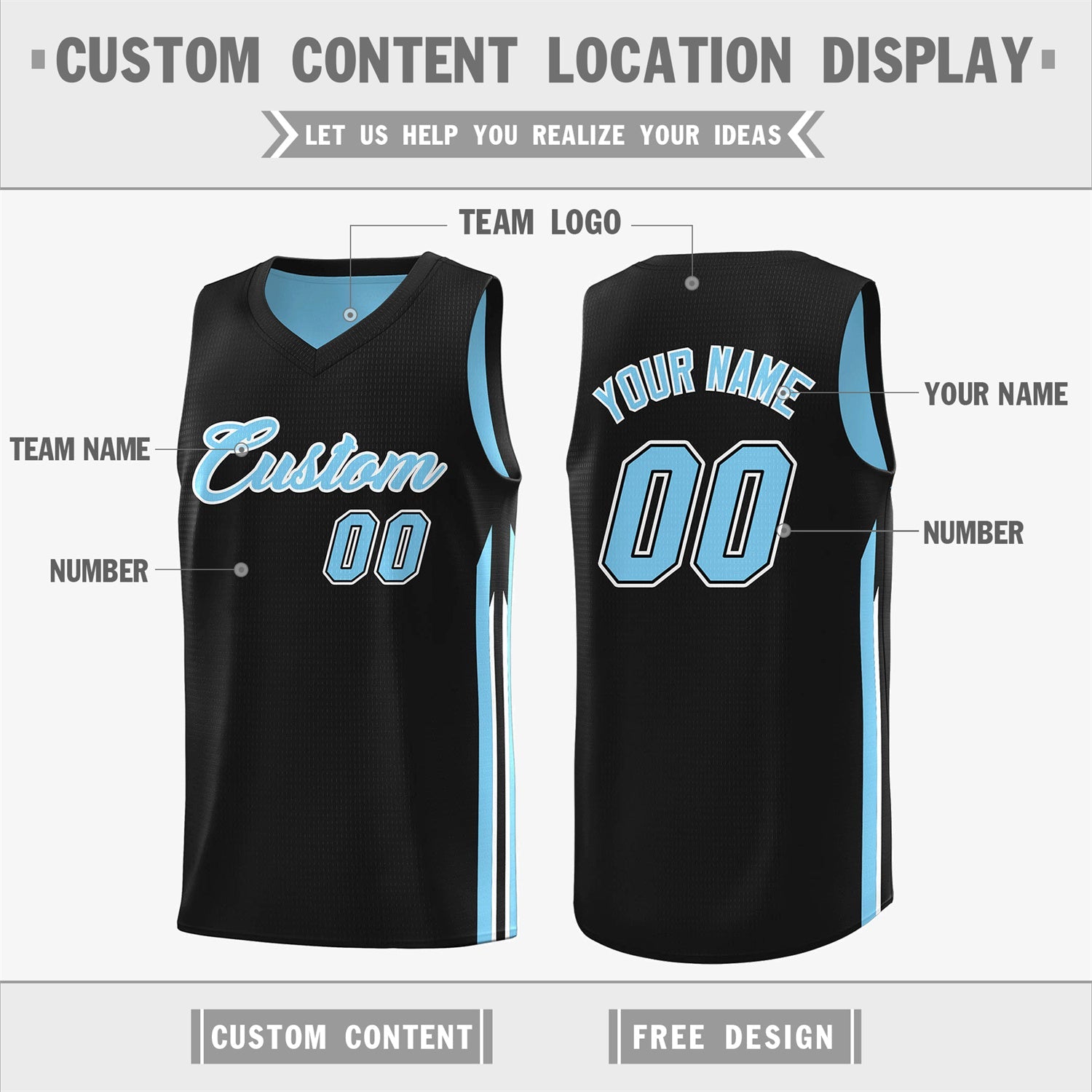 Custom Black Light Blue Double Side Tops Training Basketball Jersey - Image 3