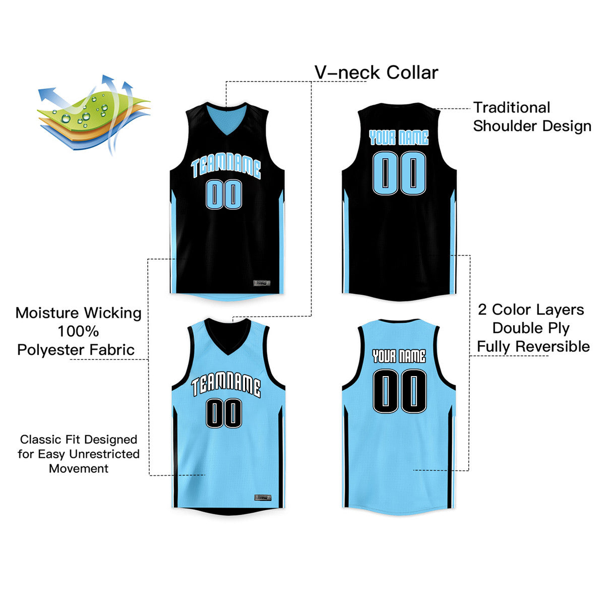 Custom Black Blue Double Side Tops Basketball Jersey - Image 3