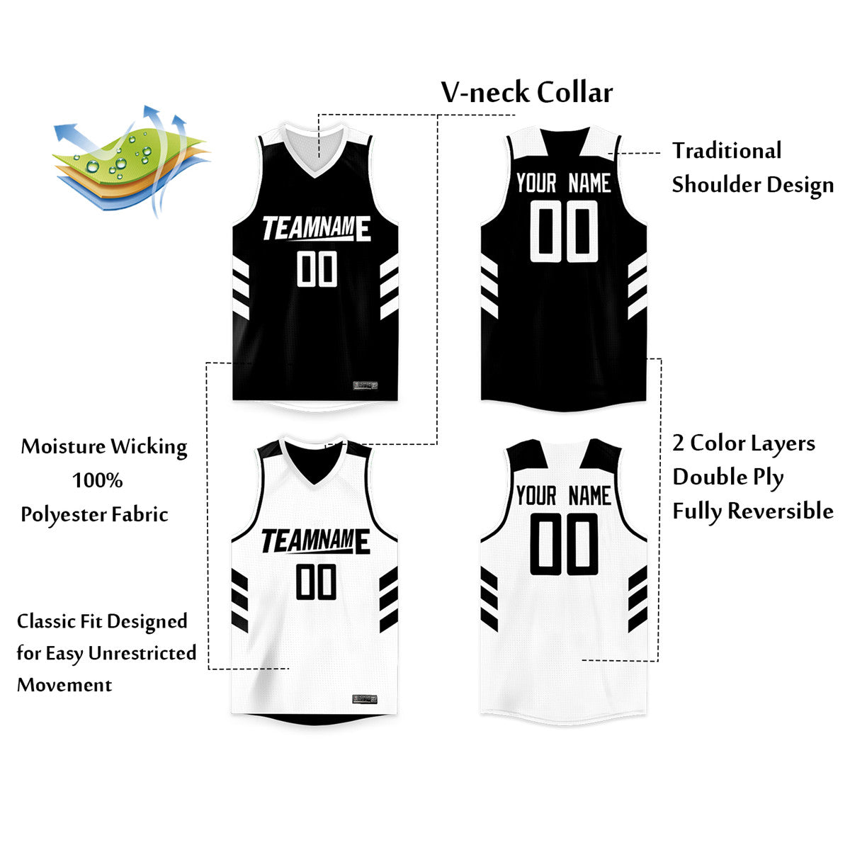 Custom Black White Double Side Tops Basketball Jersey - Image 3