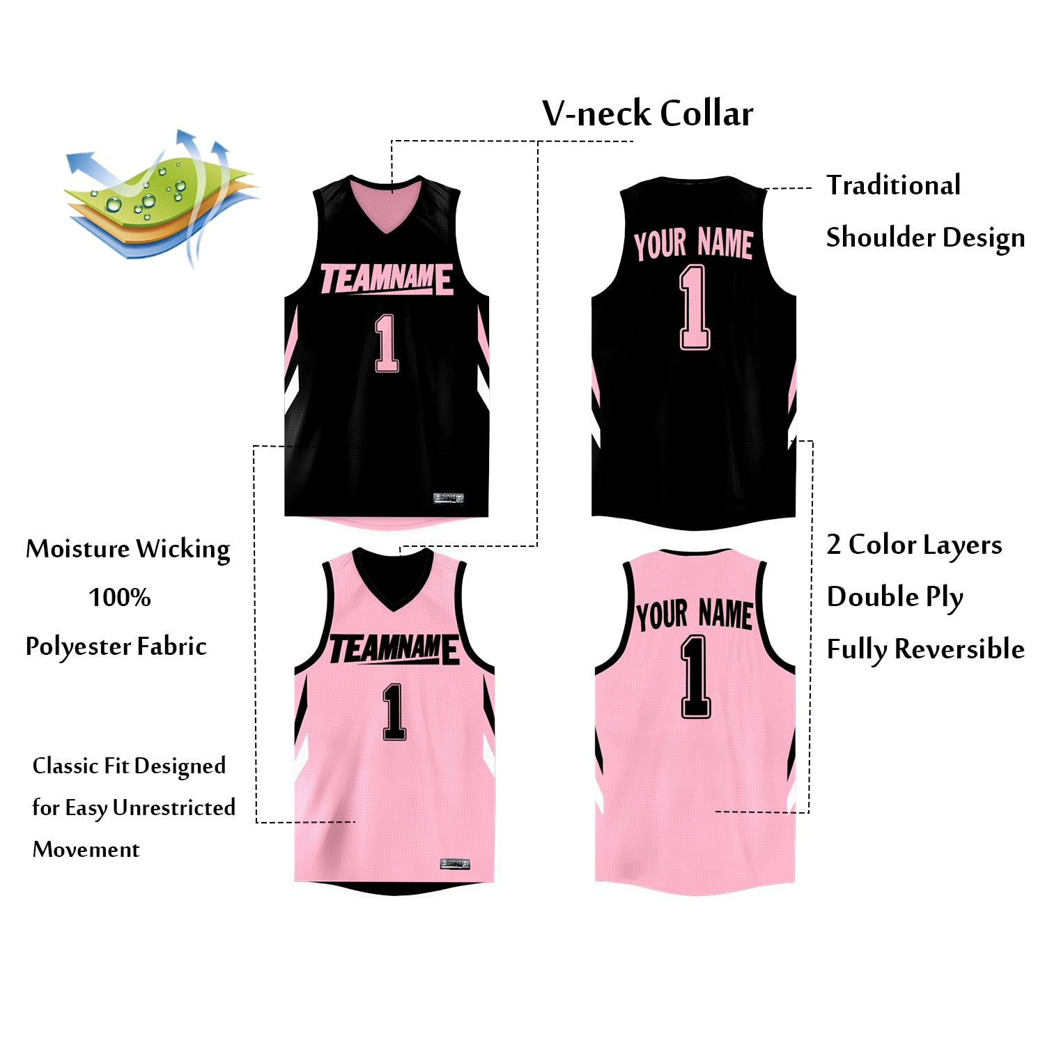 Custom Black Pink Double Side Tops Athletic Basketball Jersey - Image 4